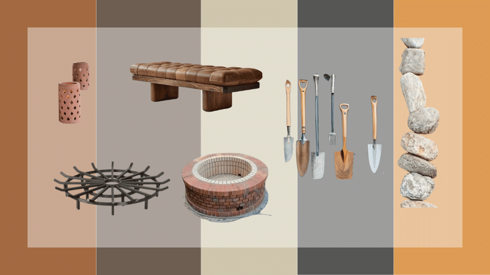 fire pit area moodboard with reclaimed brick dark wood benches pea gravel and warm amber tones