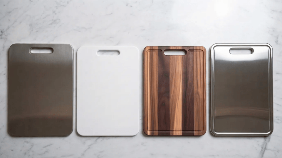 four cutting boards side by side, titanium, plastic, wood and stainless steel compared on a marble surface