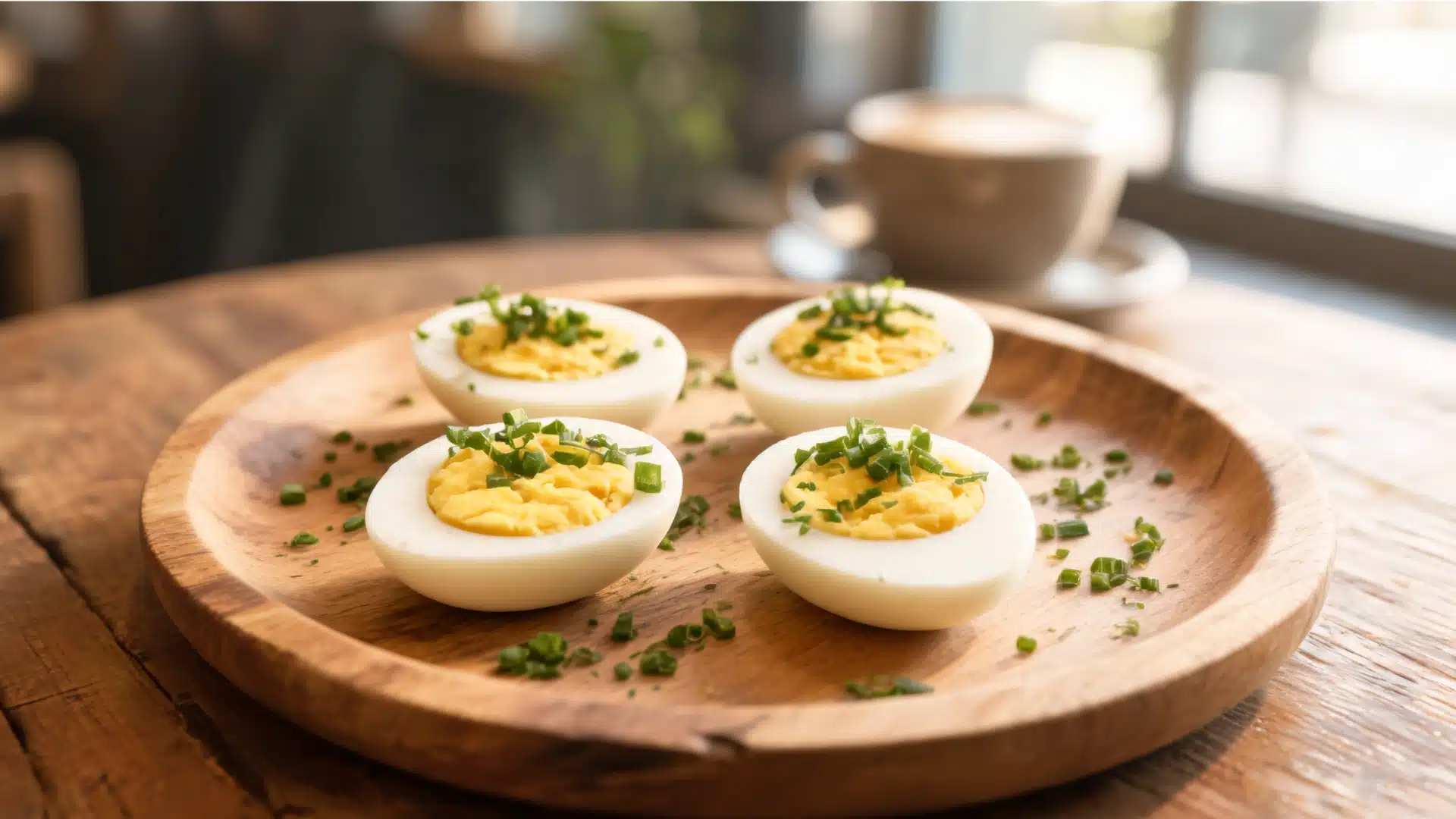 four halved boiled eggs with creamy yolks topped with chopped green herbs served on a wooden plate with a blurred coffee cup in the background