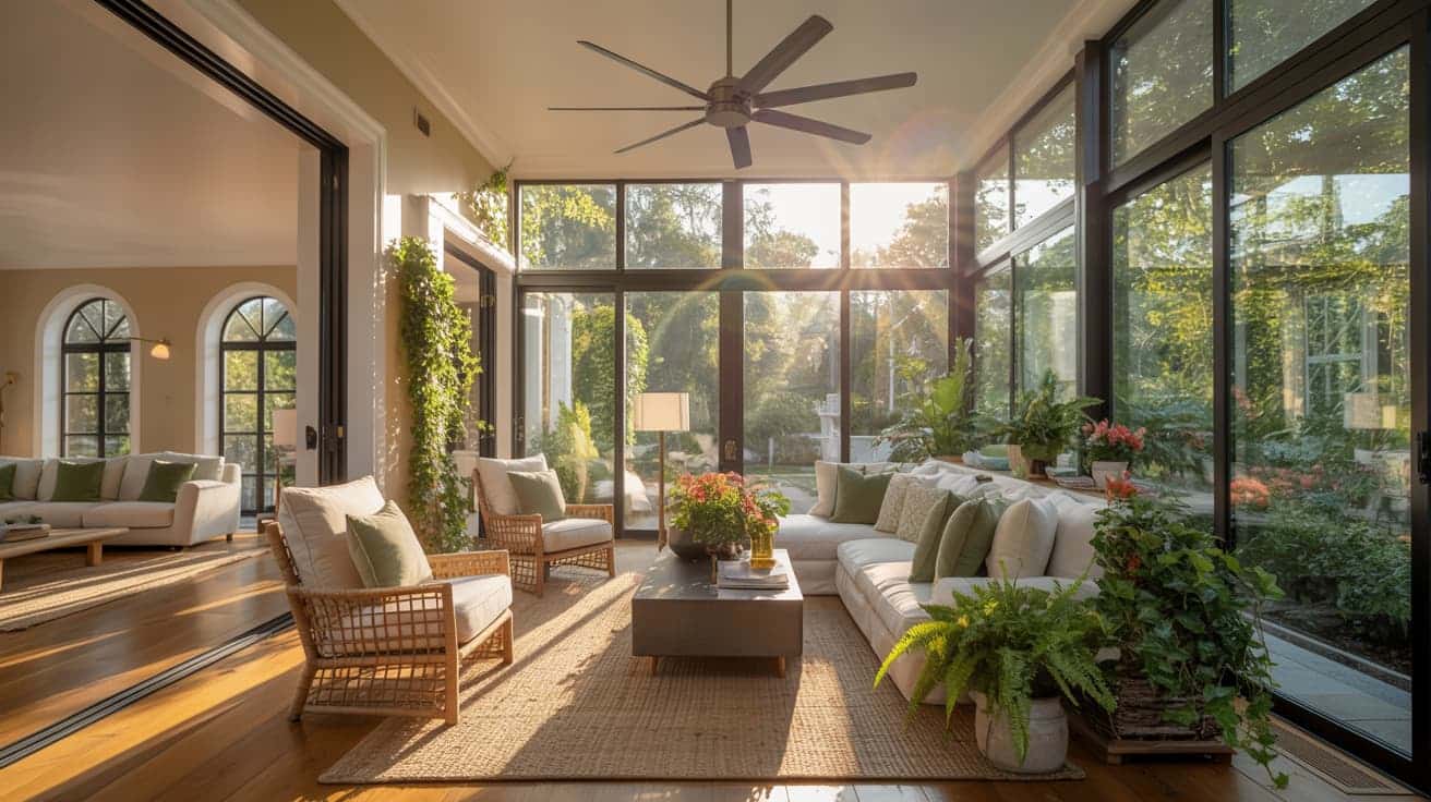 four-season sunroom with floor-to-ceiling glass, comfortable seating, ceiling fan, and climate control