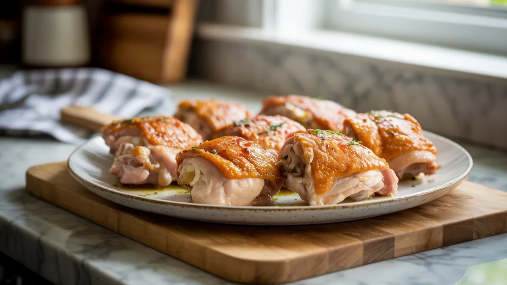 fresh cooked chicken thighs on a plate, natural lighting, simple home kitchen setting