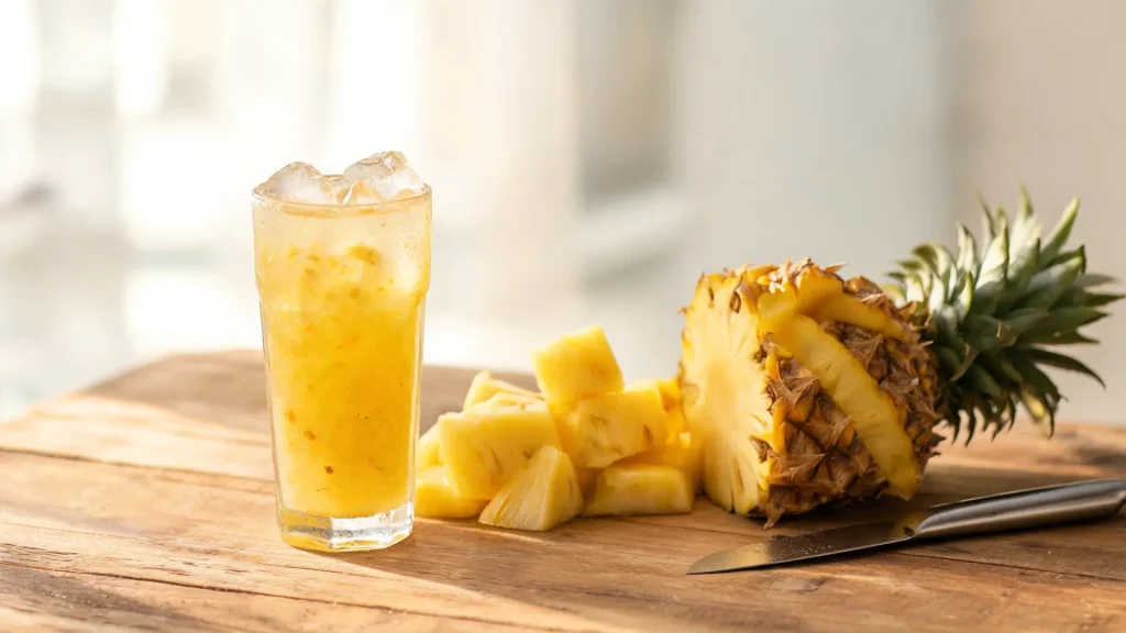 fresh pineapple juice in glass with ice cubes on wooden table with pineapple pieces and natural light tropical drink