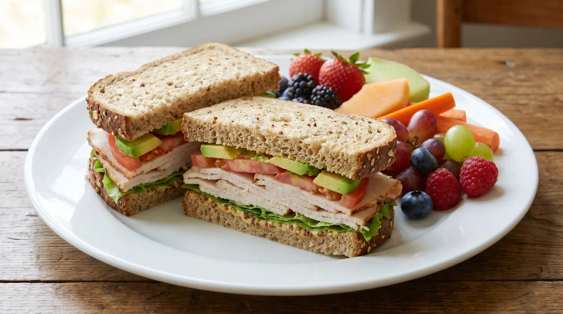 fresh turkey sandwich with whole grain bread, mustard spread, and a side of fruit and carrots on a white plate (1)