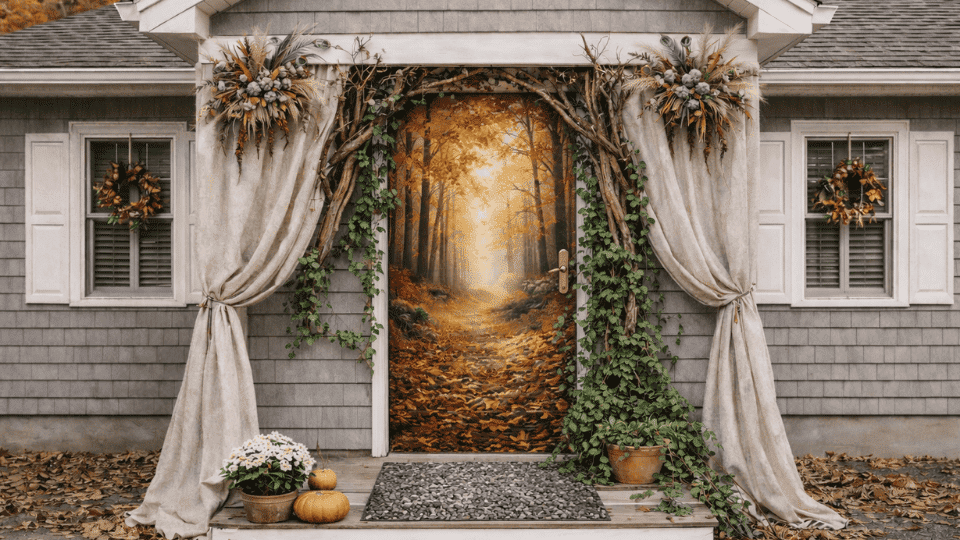 front door covered in an autumn forest path mural with real gnarled branches on the frame and live ivy creeping up from below