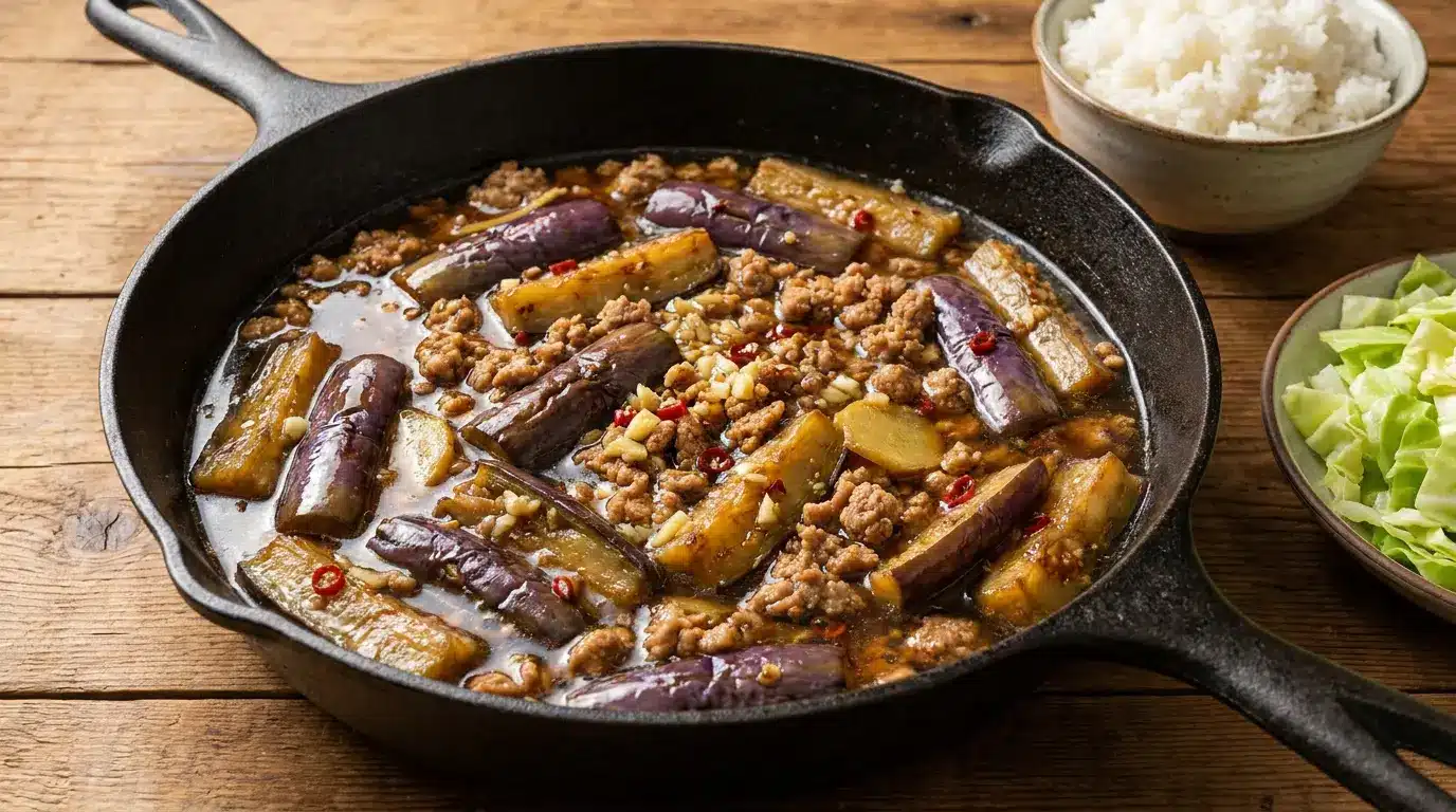 garlic eggplant with lean turkey ginger chili and light soy broth in a skillet