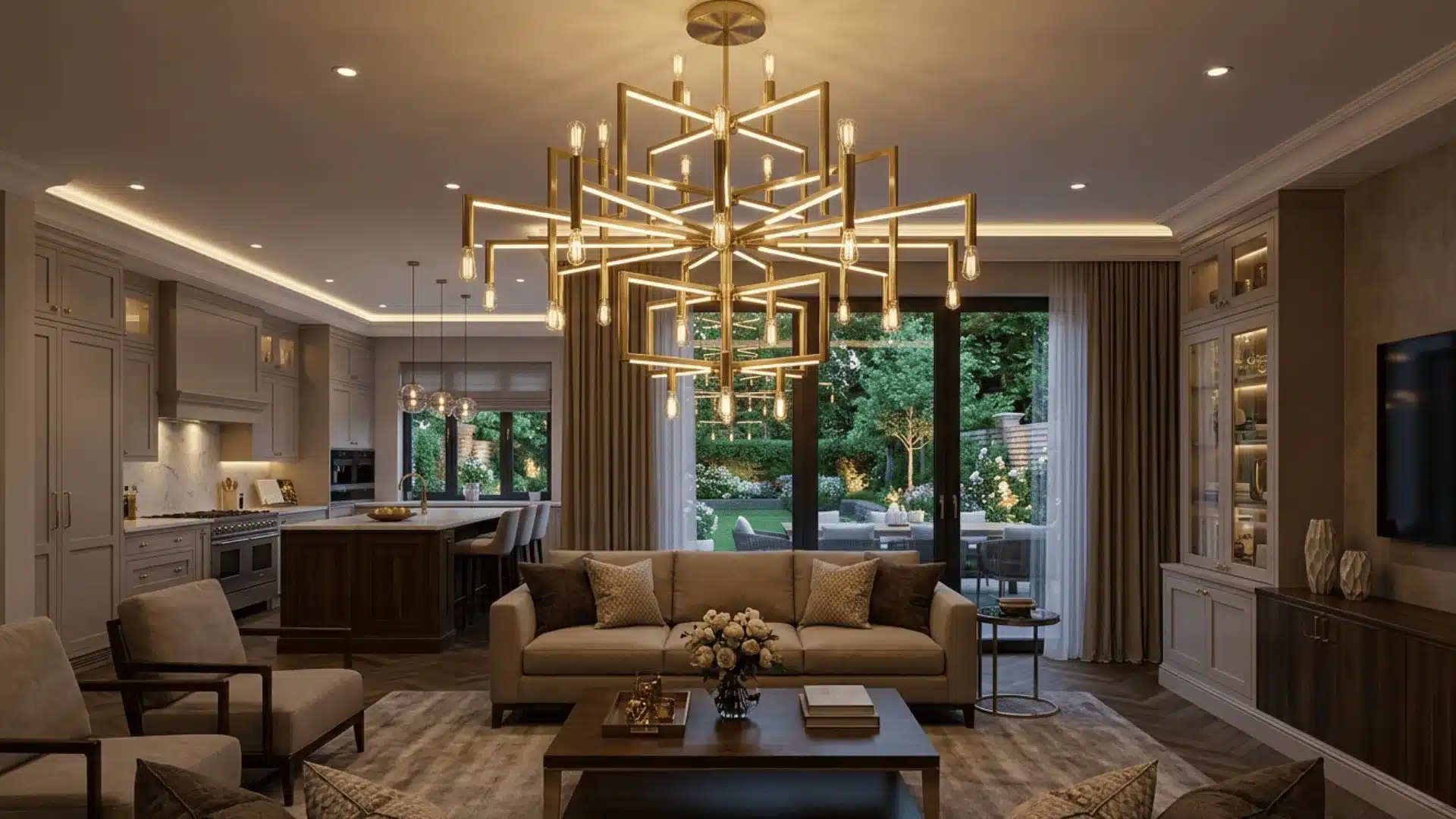 generation aligns precisely with your instructions the large brass chandelier is positioned