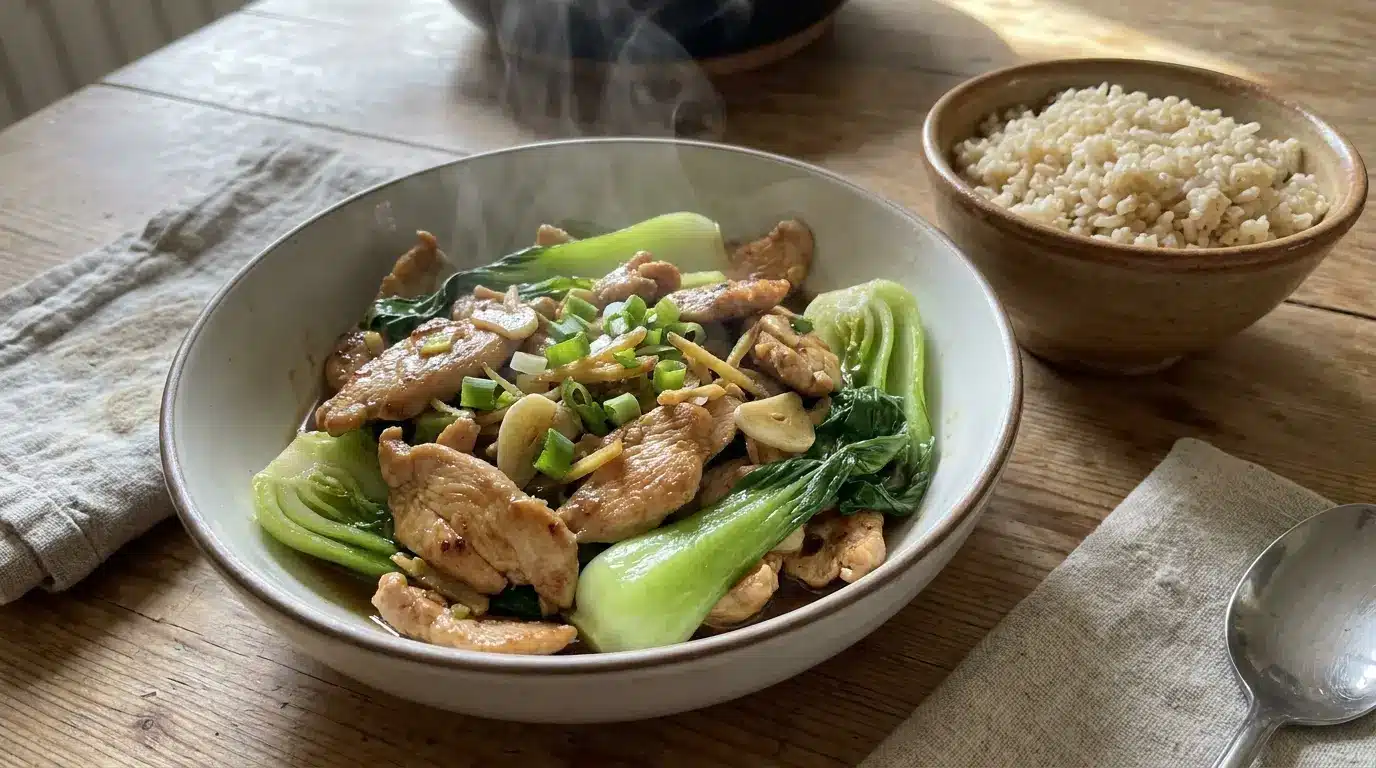 ginger chicken and bok choy stir fry with brown rice and light soy sauce in a white bowl