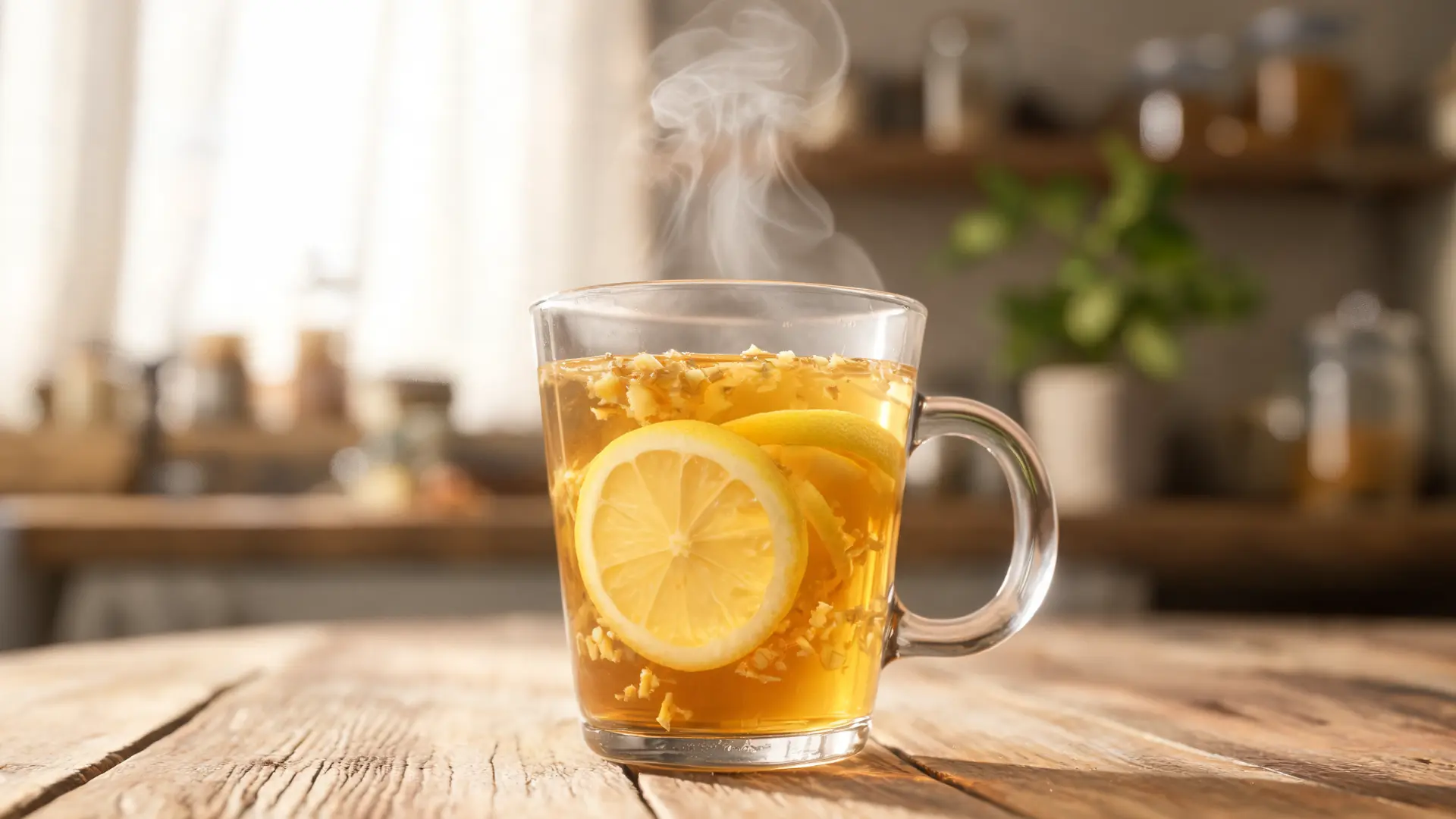 ginger lemon tea in glass mug with lemon slices and ginger in warm drink on wooden table