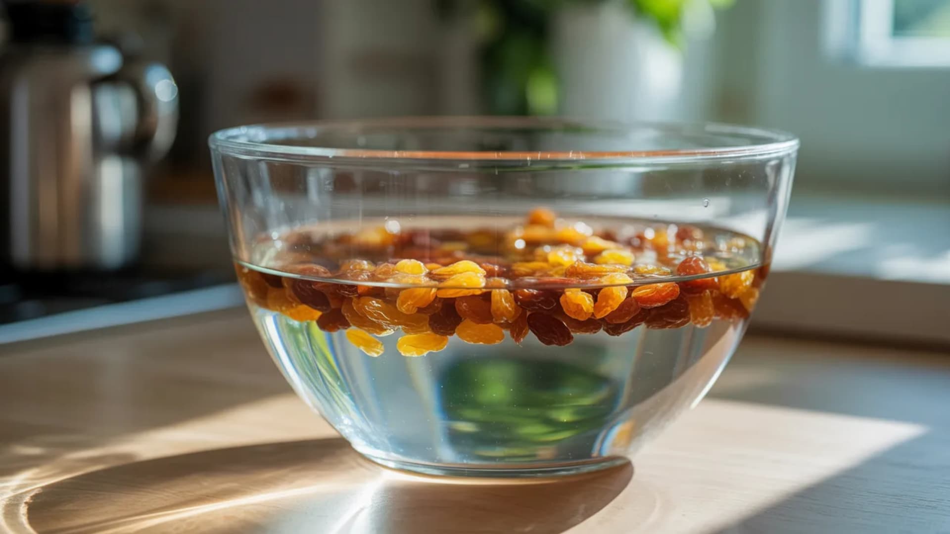 glass bowl filled with water and raisins soaking overnight on a kitchen counter, soft morning light coming through a window
