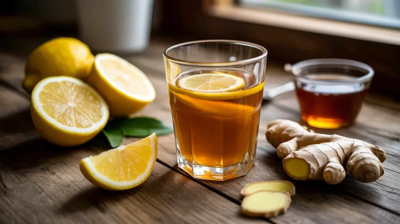 glass of warm lemon and ginger detox drink with lemon slices and grated ginger on wooden table