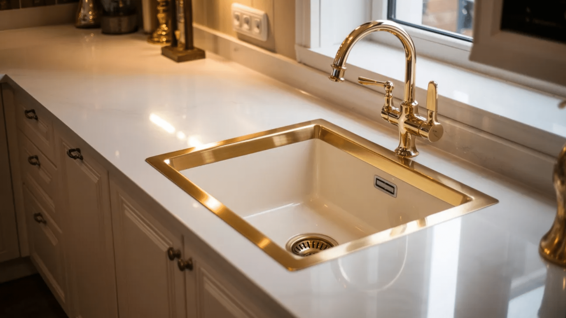gold-accented sink adds elegance to the kitchen, particularly when paired with white countertops
