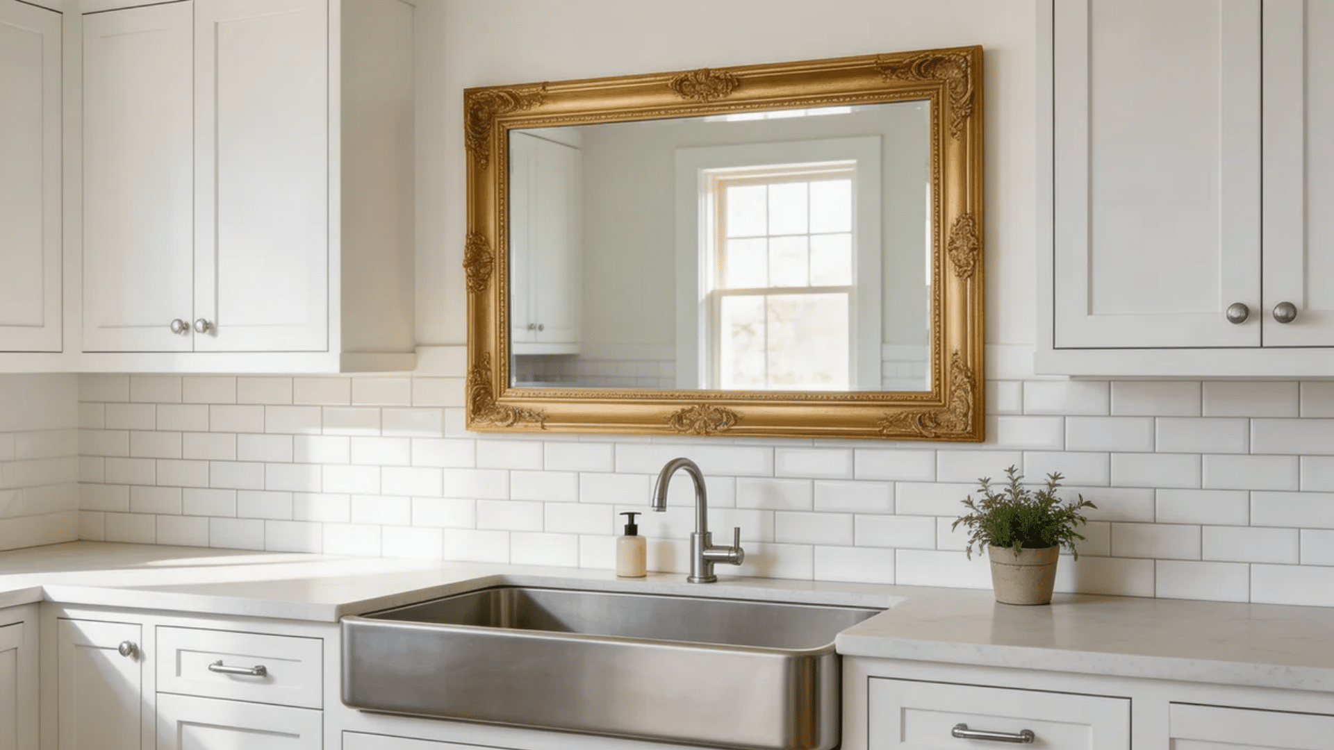 gold-framed mirror adds elegance and function to your kitchen hang it above the