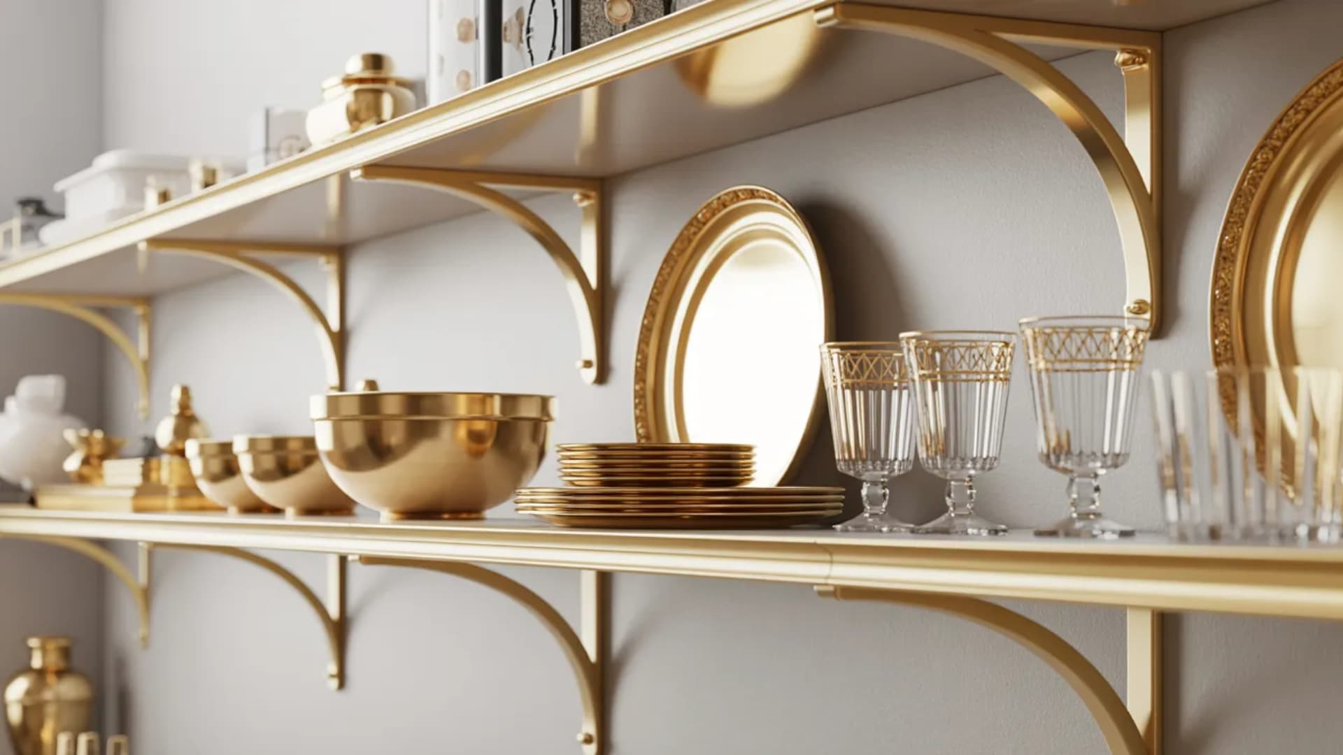 gold-tiled backsplash paired with white cabinets is a bold design choice that creates an eye-catching contrast