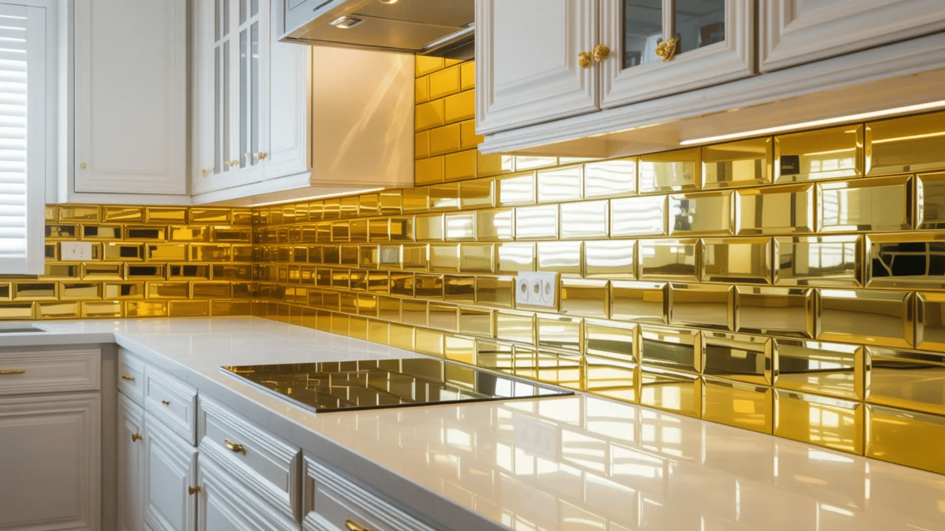 gold-tiled backsplash paired with white cabinets is a bold design choice that creates an eye-catching contrast (1)
