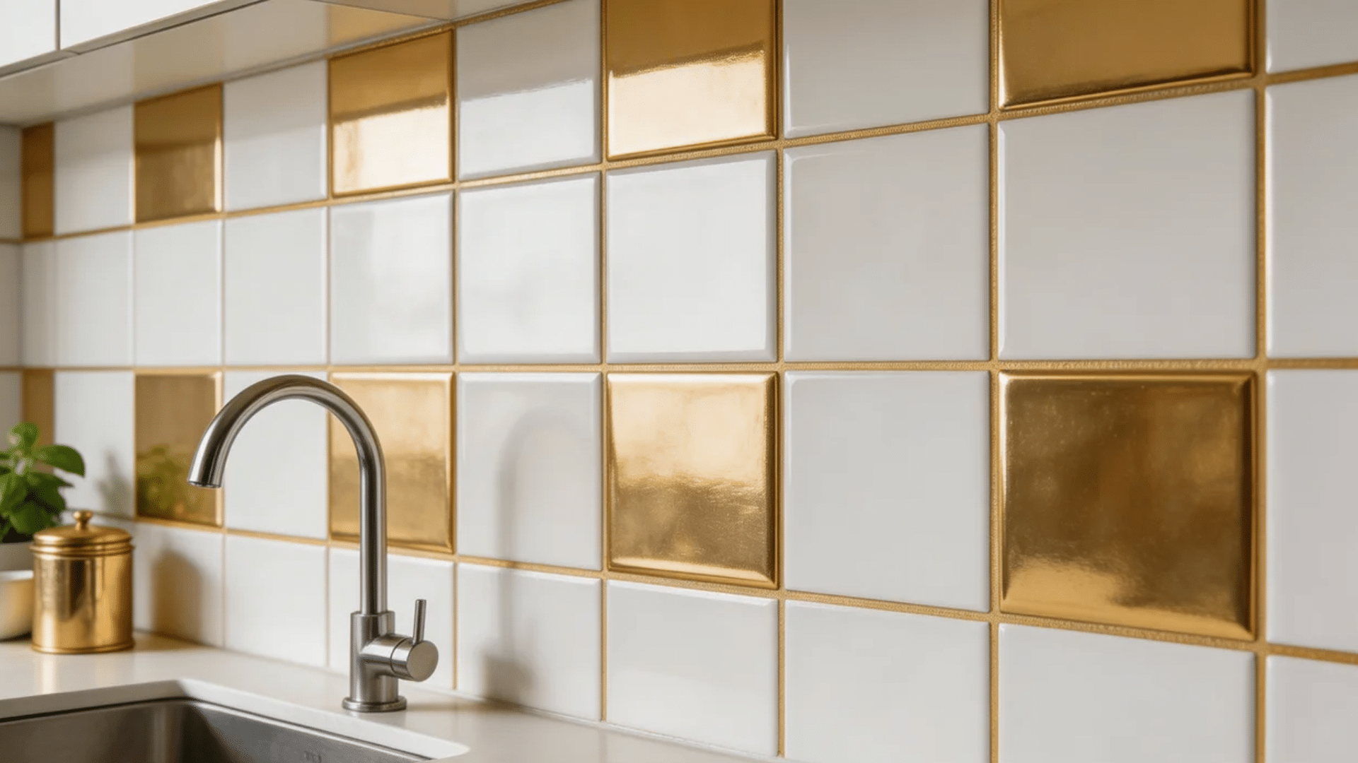 gold tiles adding elegance and function to your kitchen wall with the sink as well
