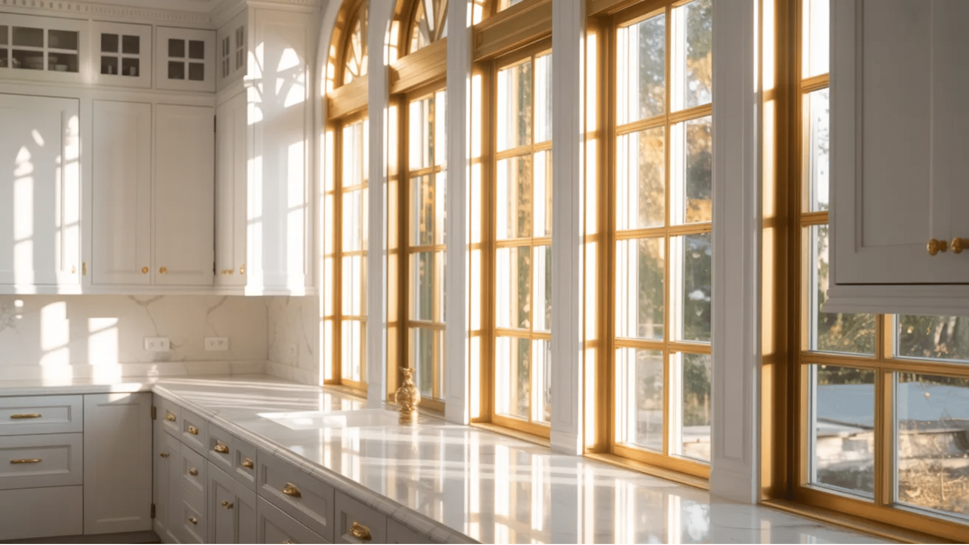 _gold trim to your windows introduces a luxurious and eye-catching element, beautifully complements white cabinetry and creates a cohesive design throughout the room