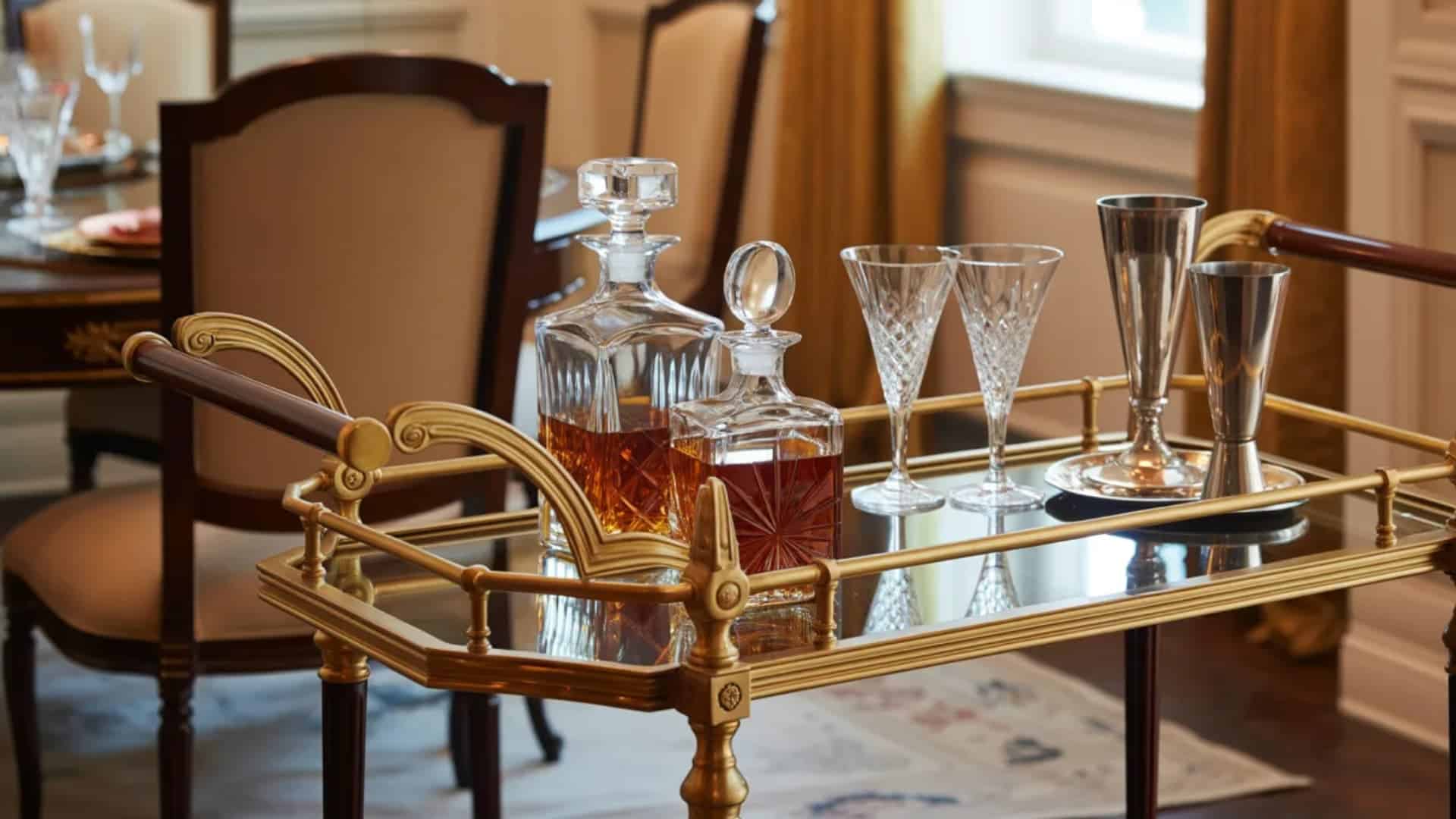 gold-trimmed bar cart can serve as both a functional and stylish piece in your kitchen or dining area