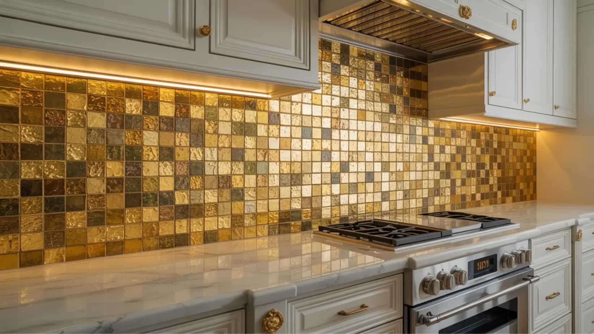 gold-trimmed or fully gold backsplash adds a dramatic and luxurious touch to your kitchen