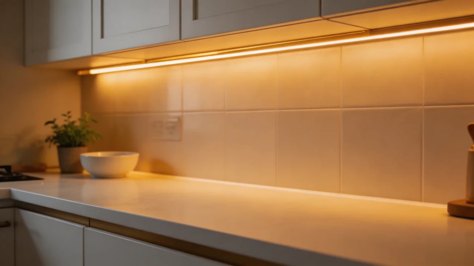 gold underlighting on white countertops creates an inviting, warm glow in your kitchen