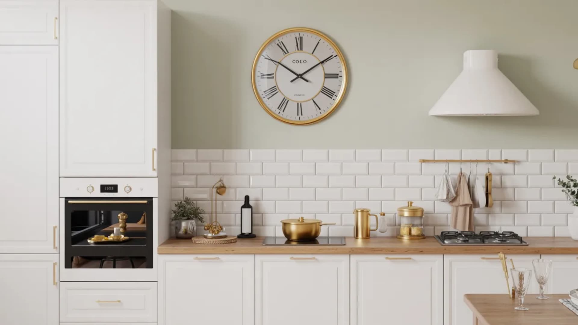 gold wall clock is both functional and decorative that brings a sense of refinement and elegance to your kitchen, complementing the white and gold theme
