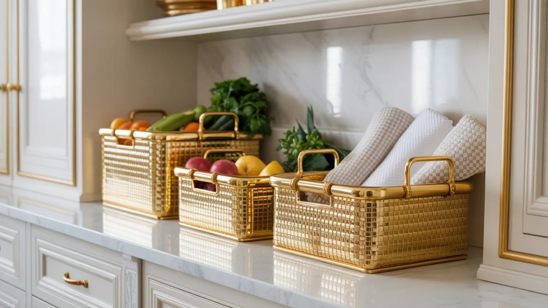 gold woven baskets offer both style and storage baskets are perfect for organizing kitchen essentials