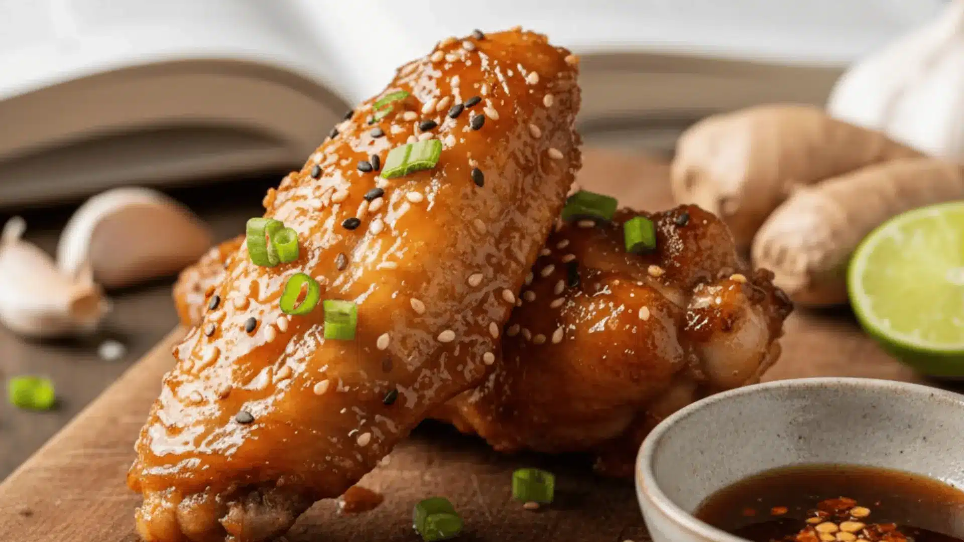 golden glazed chicken wings topped with sesame seeds and green onions served with dipping sauce on a rustic table setting