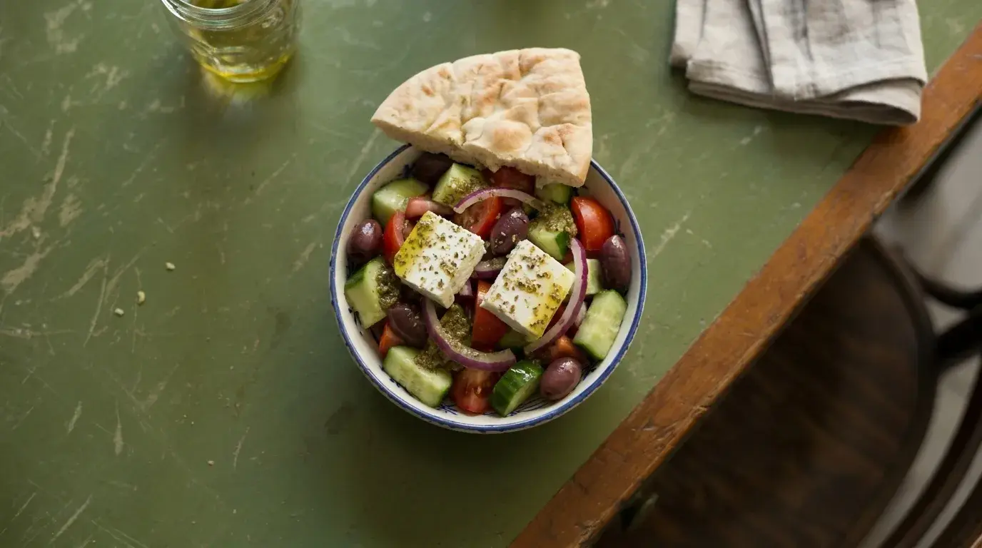 greek salad with pita centered on wooden table in natural light showing fresh and simple lunch (1)