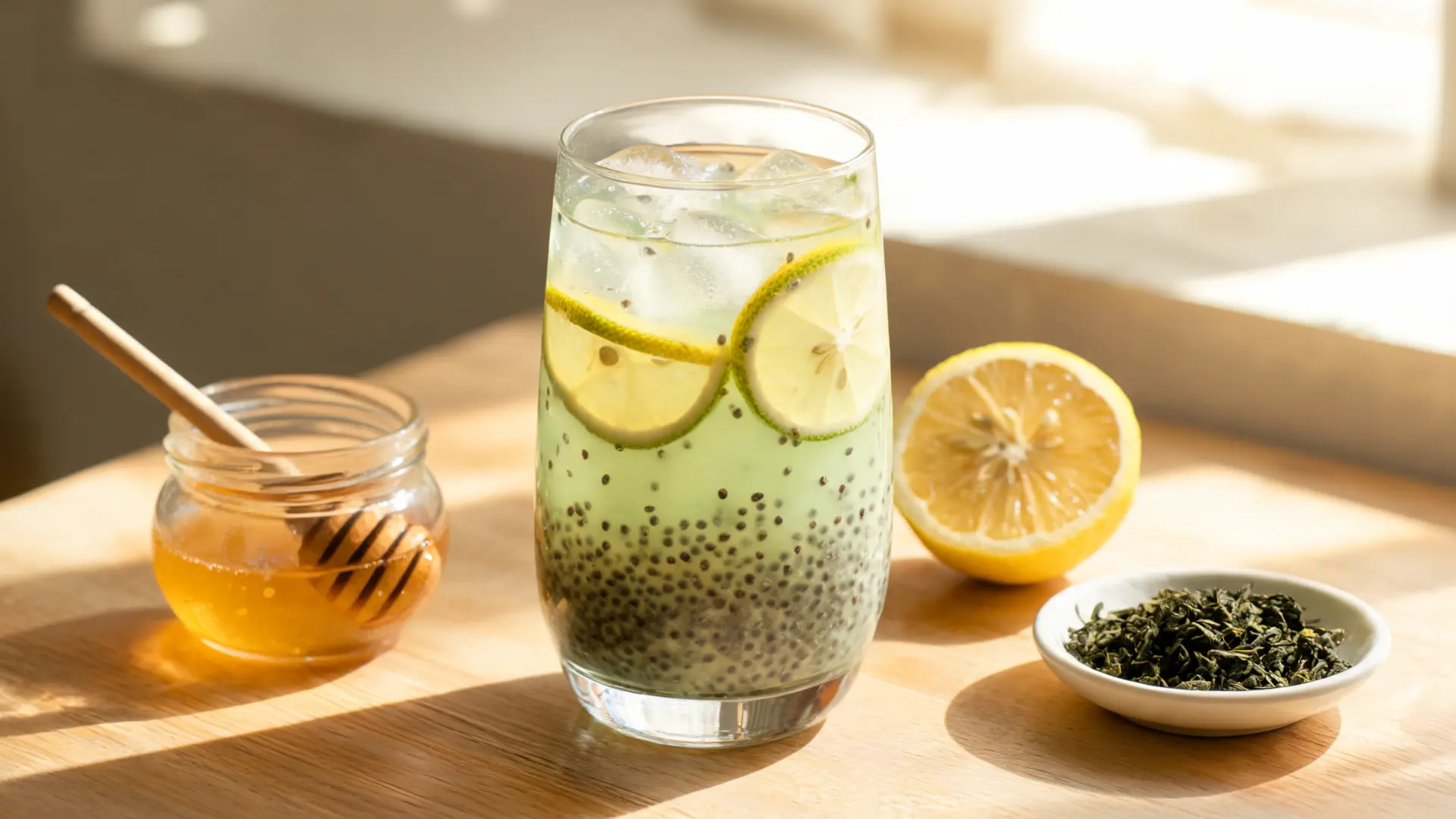 green tea chia drink with chia seeds, lemon slices, honey, ice, and green tea leaves