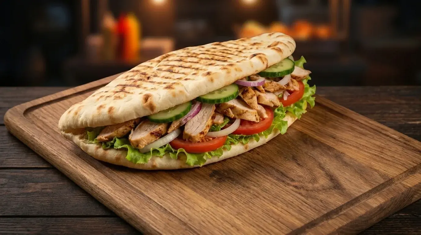 grilled chicken and hummus pita pocket with cucumber and tomato slices, arranged on a rustic wooden board (1)
