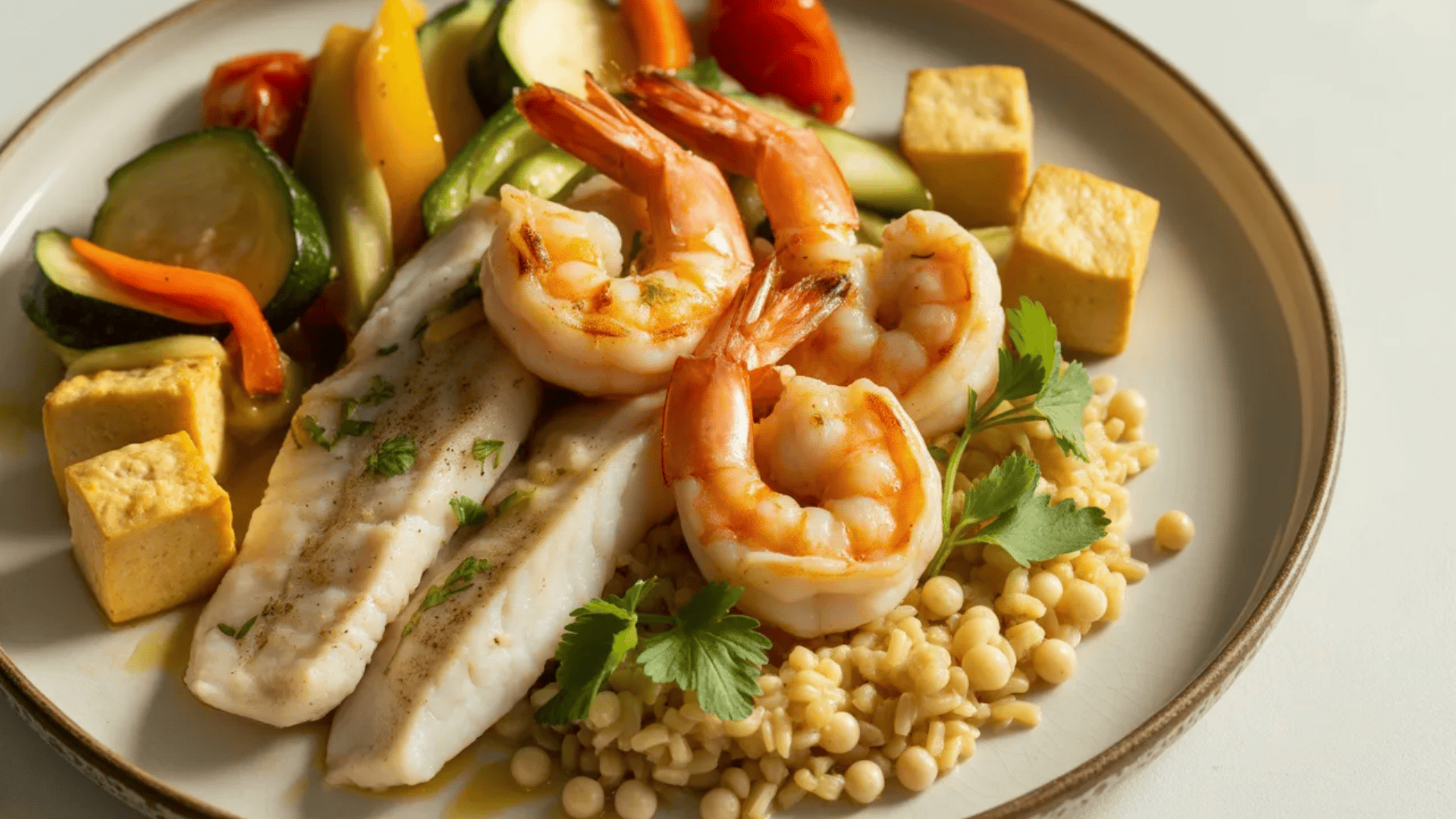 grilled shrimp and white fish served with mixed vegetables, tofu cubes, and a portion of rice, garnished with herbs