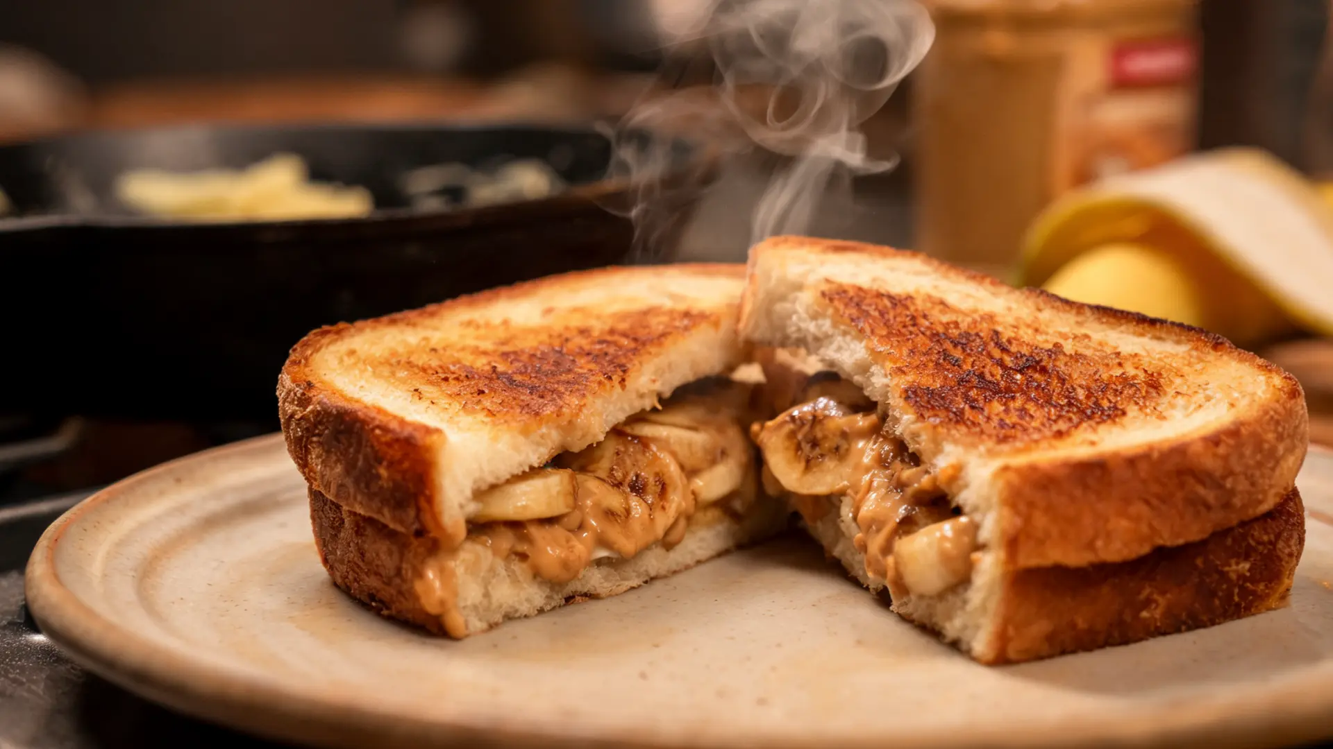 grilled peanut butter banana sandwich with melted filling and crispy golden toast in warm lighting