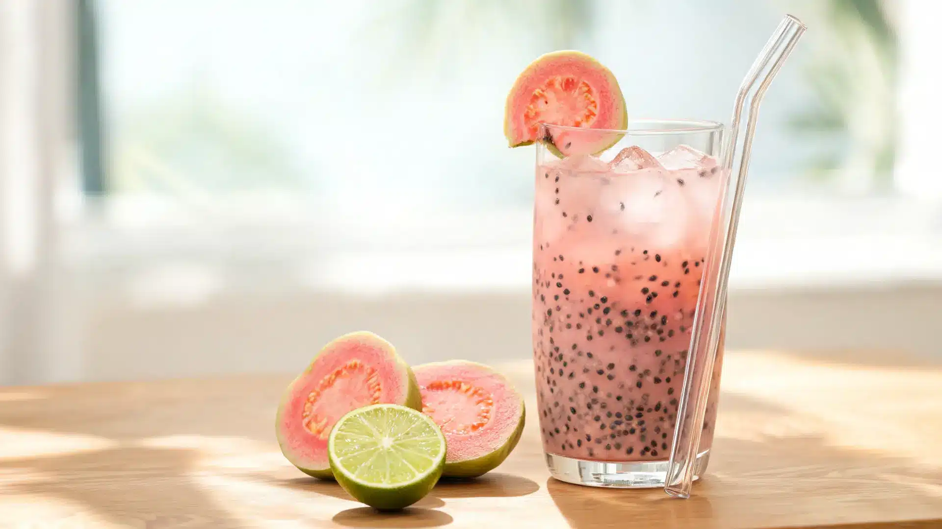 guava chia drink with chia seeds, guava juice, lime wedges, ice, and sliced guava-1