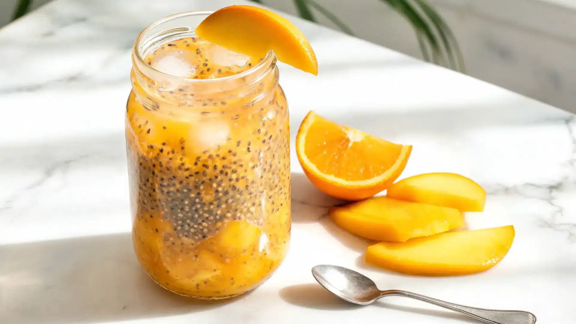 guava chia drink with chia seeds, guava juice, lime wedges, ice, and sliced guava