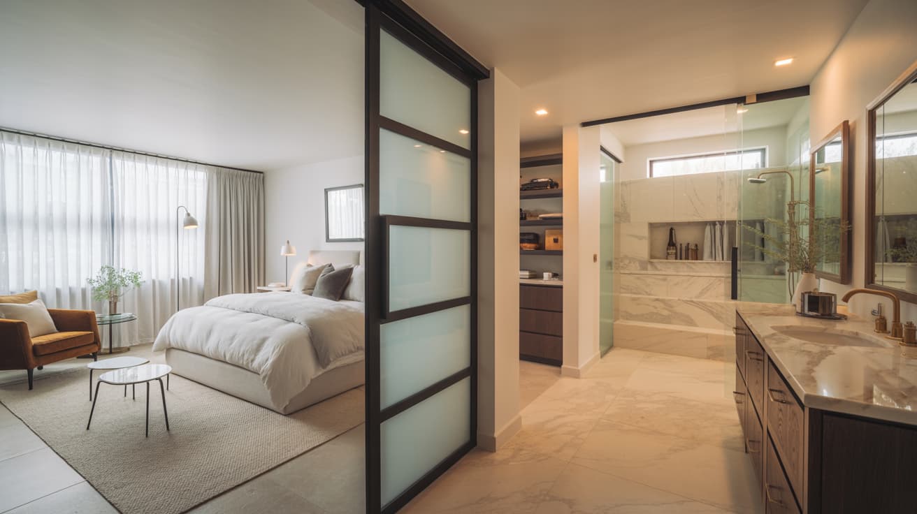 guest bedroom with ensuite, private entrance, closet, reading light, and soundproofing for privacy