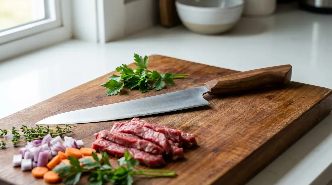 gyuto knife on wooden board with sliced meat and vegetables in a bright kitchen, showing versatile everyday cooking and clean preparation setup (1)