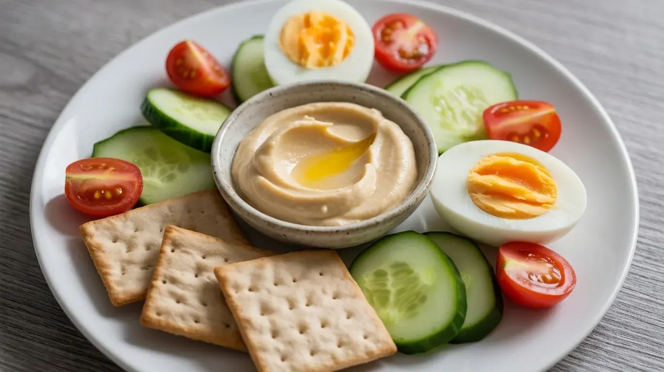 halved hard-boiled eggs, cucumber, cherry tomatoes, hummus, and whole-grain crackers, arranged artfully on a plate with a refined, minimalist design (1)