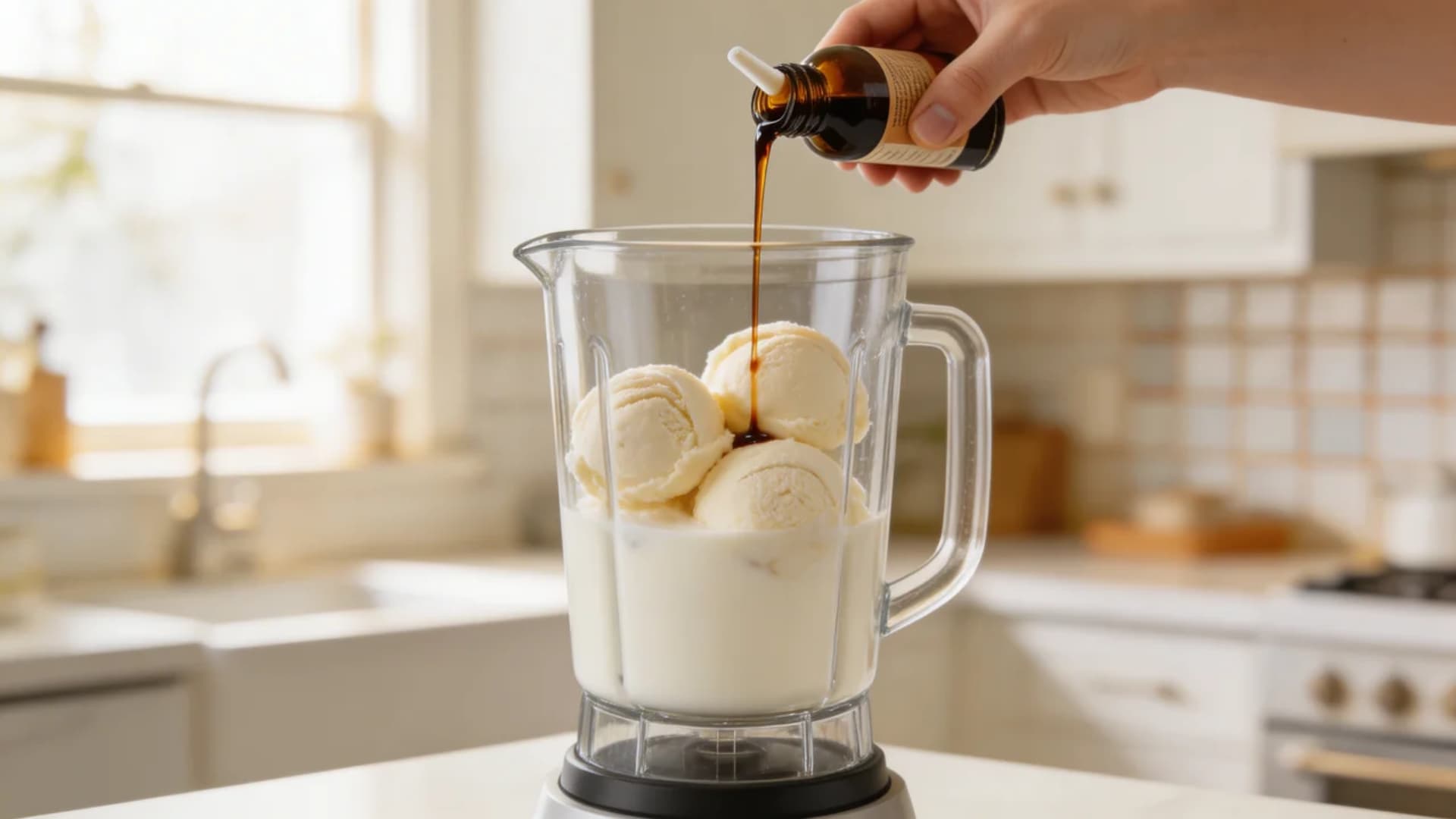 hand adding vanilla extract into the blender containing vanilla ice cream and milk, in a bright kitchen setting with a clear focus on the blender