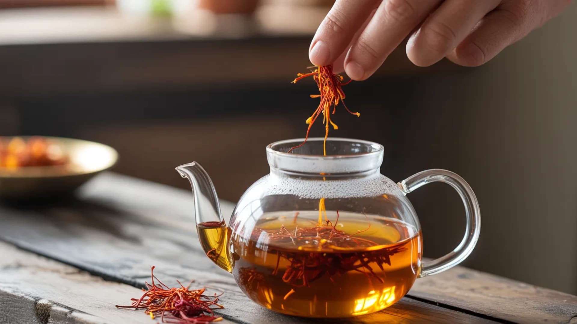 hand dropping saffron threads into a clear glass teapot, with the liquid turning golden as the saffron infuses