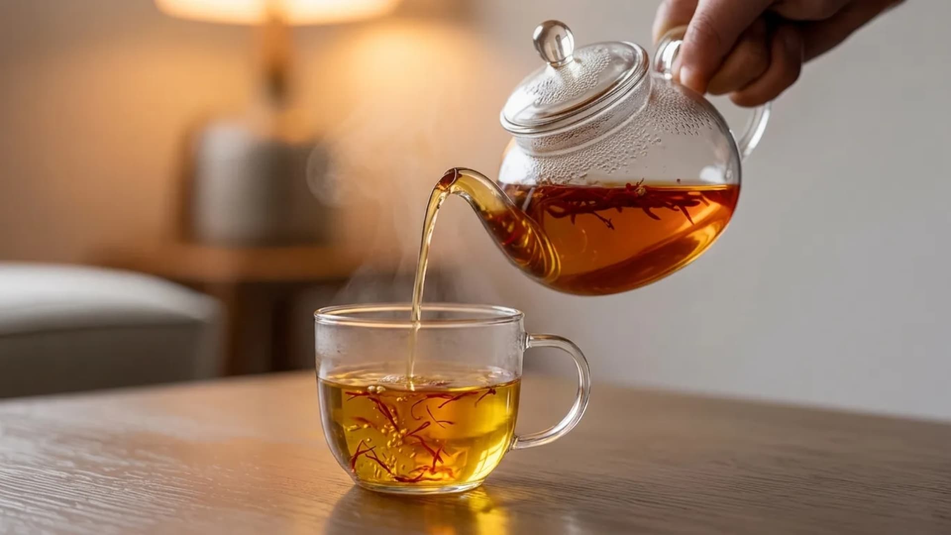 hand gently pouring hot water over saffron threads in a clear glass cup with the tea begins to take on a rich golden hue