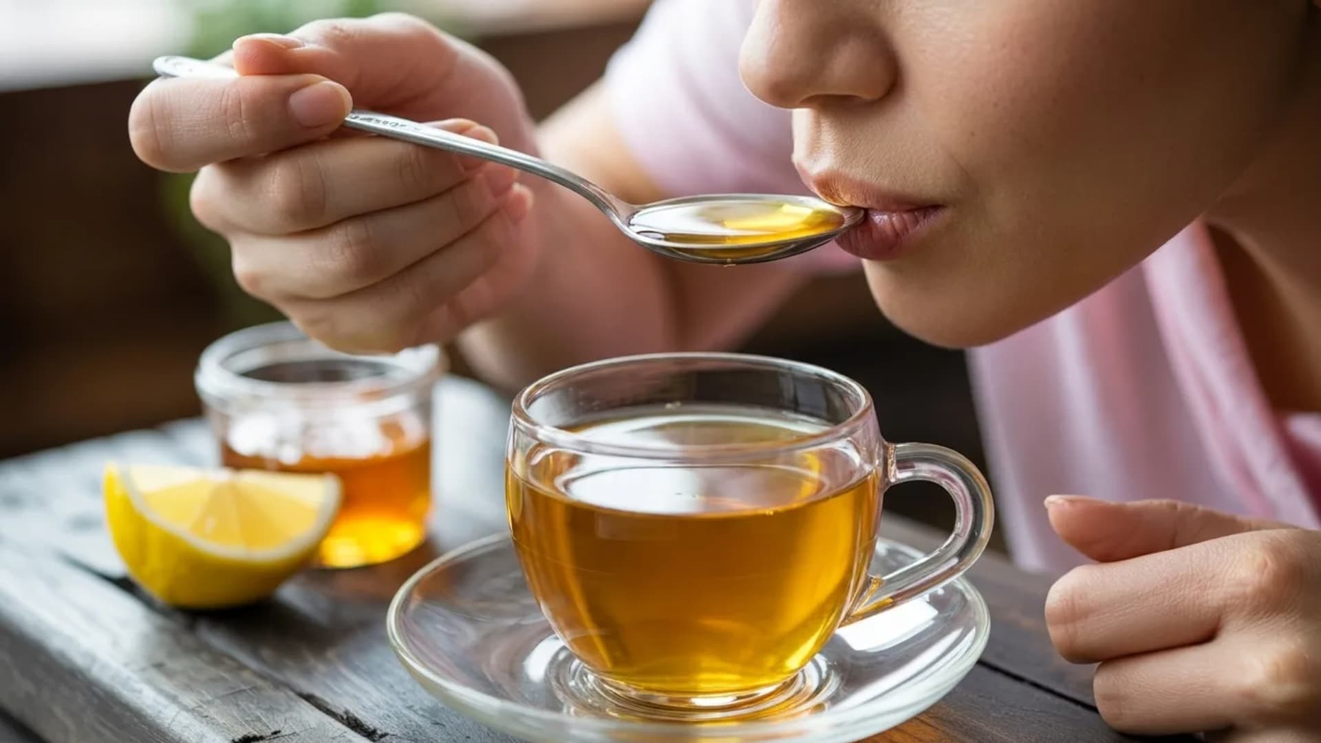 hand gently tasting the saffron tea from a cup. The tea’s golden hue is visible in the soft lighting, with a hint of lemon and honey beside the cup