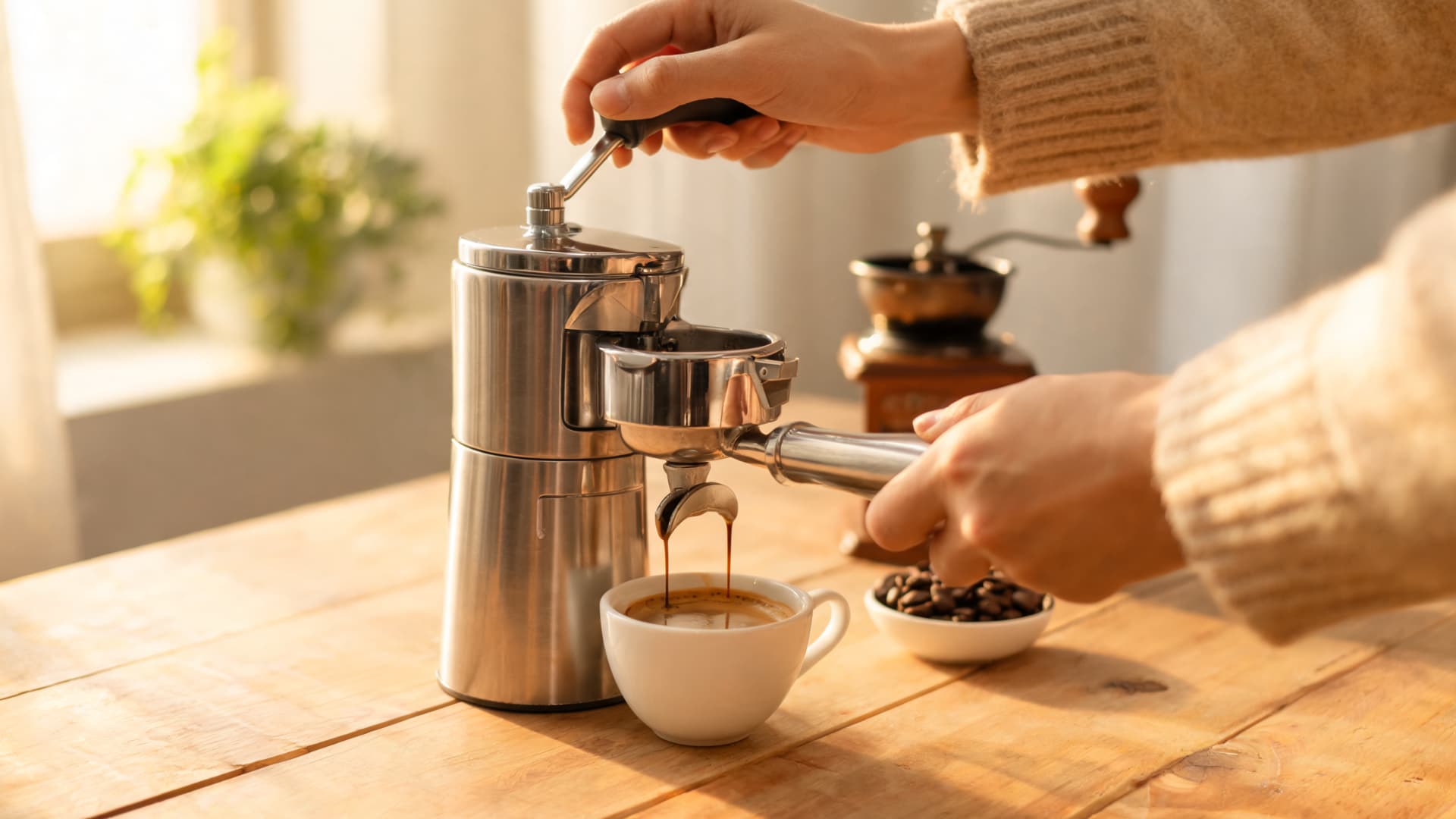 hands brewing espresso using manual espresso maker on wooden table warm sunlight coffee beans cup