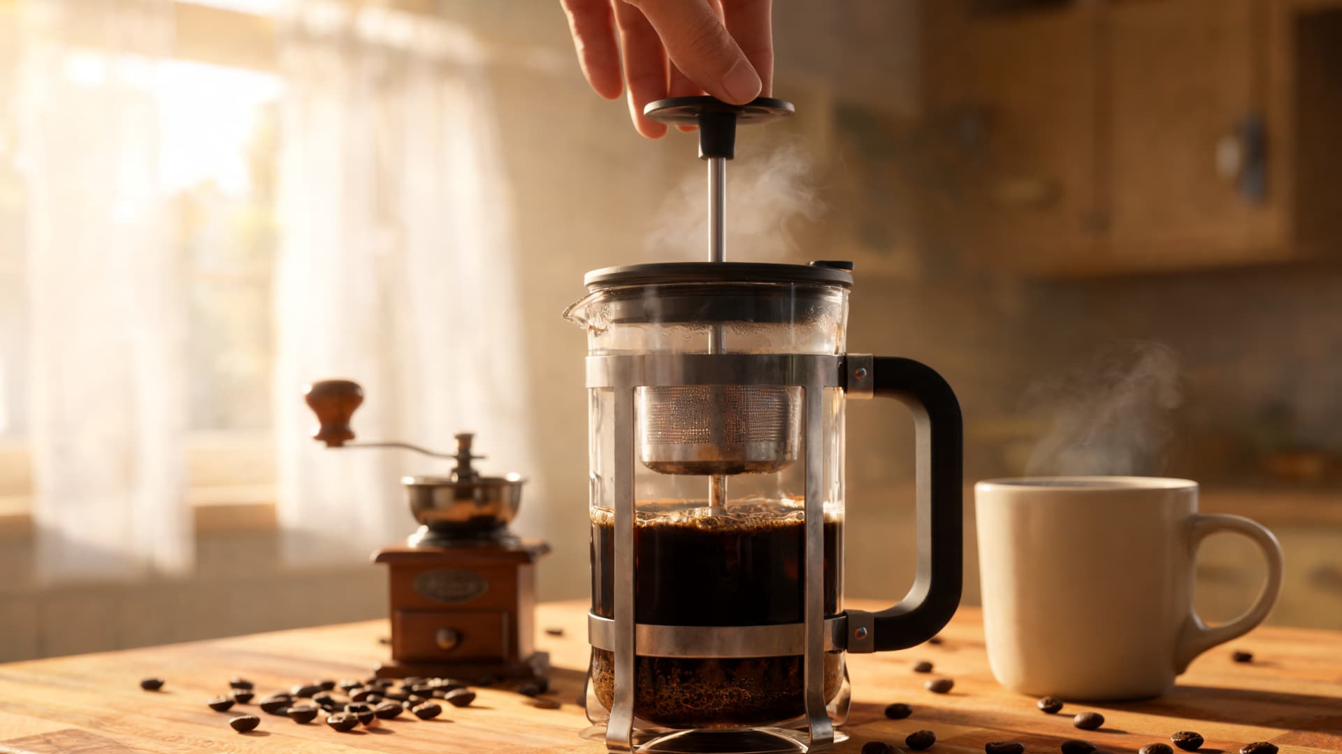 hands pressing frenchpress coffee maker on glass carafe with steaming fresh brew and scattered coffee beans on warm wooden kitchen counter