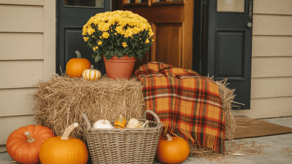 hay bale beside a front door with a mum on top a plaid blanket draped over the side and pumpkins around the base