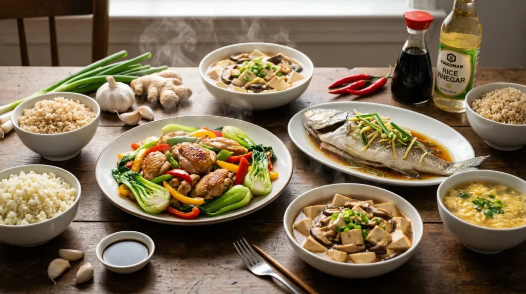 healthy chinese food spread with stir fry fish soup vegetables and rice on a warm kitchen table