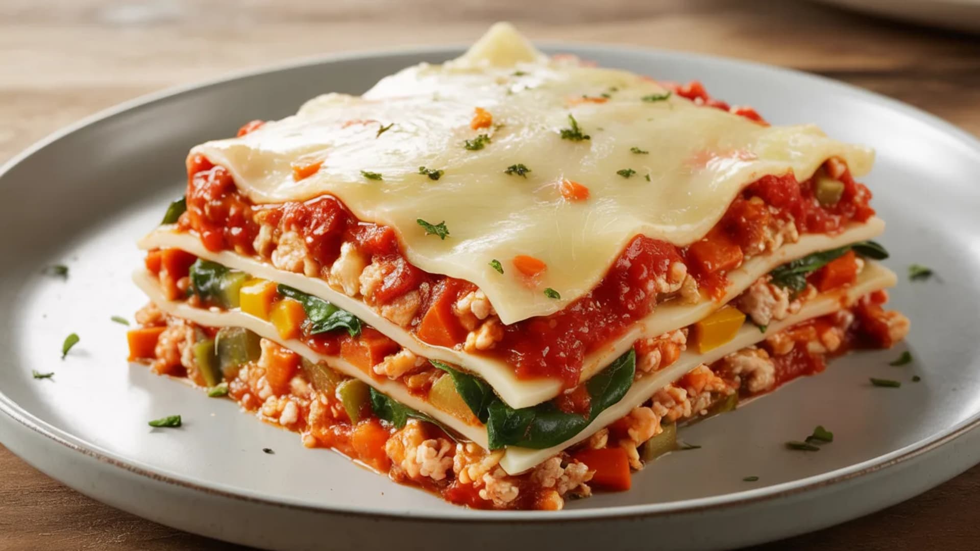 healthy, homemade lasagna on a plate with layers of lean meat, vegetables, and low-fat cheese, topped with fresh basil