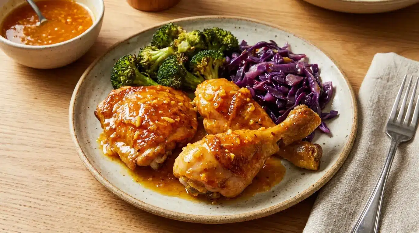 healthy orange chicken with broccoli cabbage orange zest and light citrus sauce on a plate