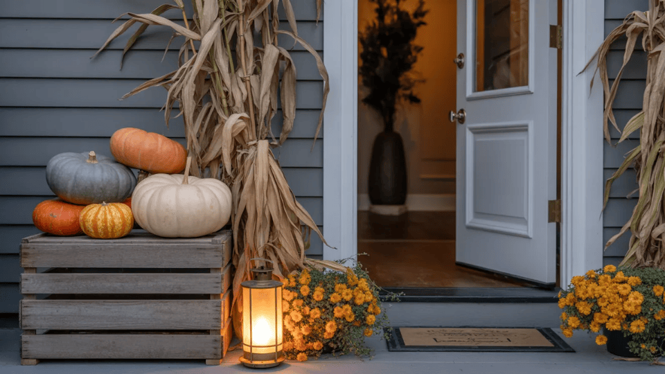 heirloom pumpkins in grey orange and white stacked on wooden crates with corn stalks and glowing lanterns on a fall porch