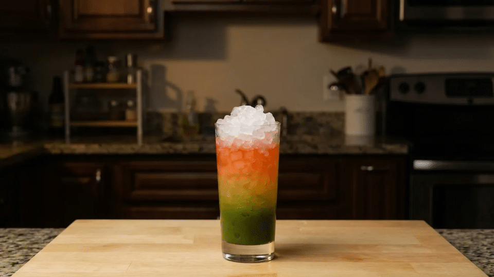 heishi mochi bitters and soda in a highball glass with crushed ice, green matcha base layering up to red bitters