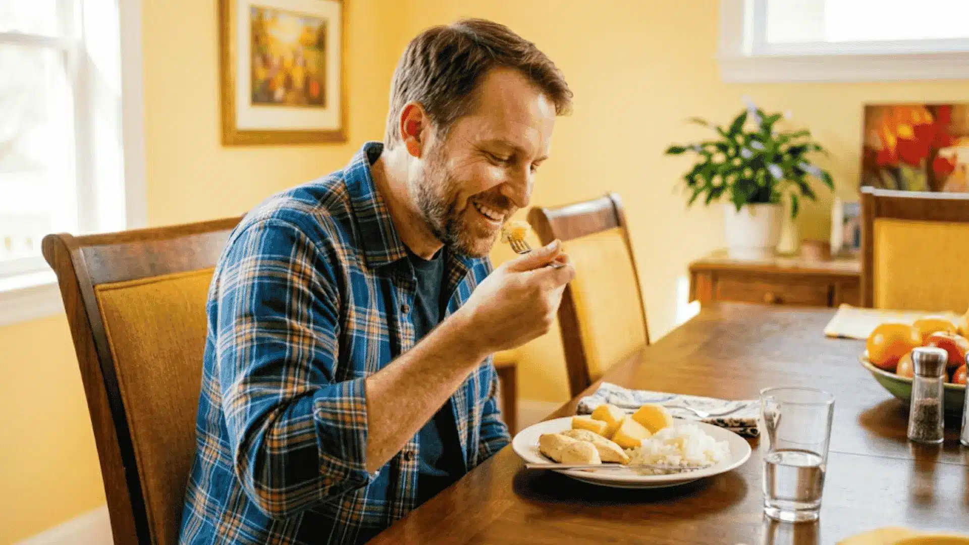 Here is a high quality bright picture of a happy man having his diet and this meal