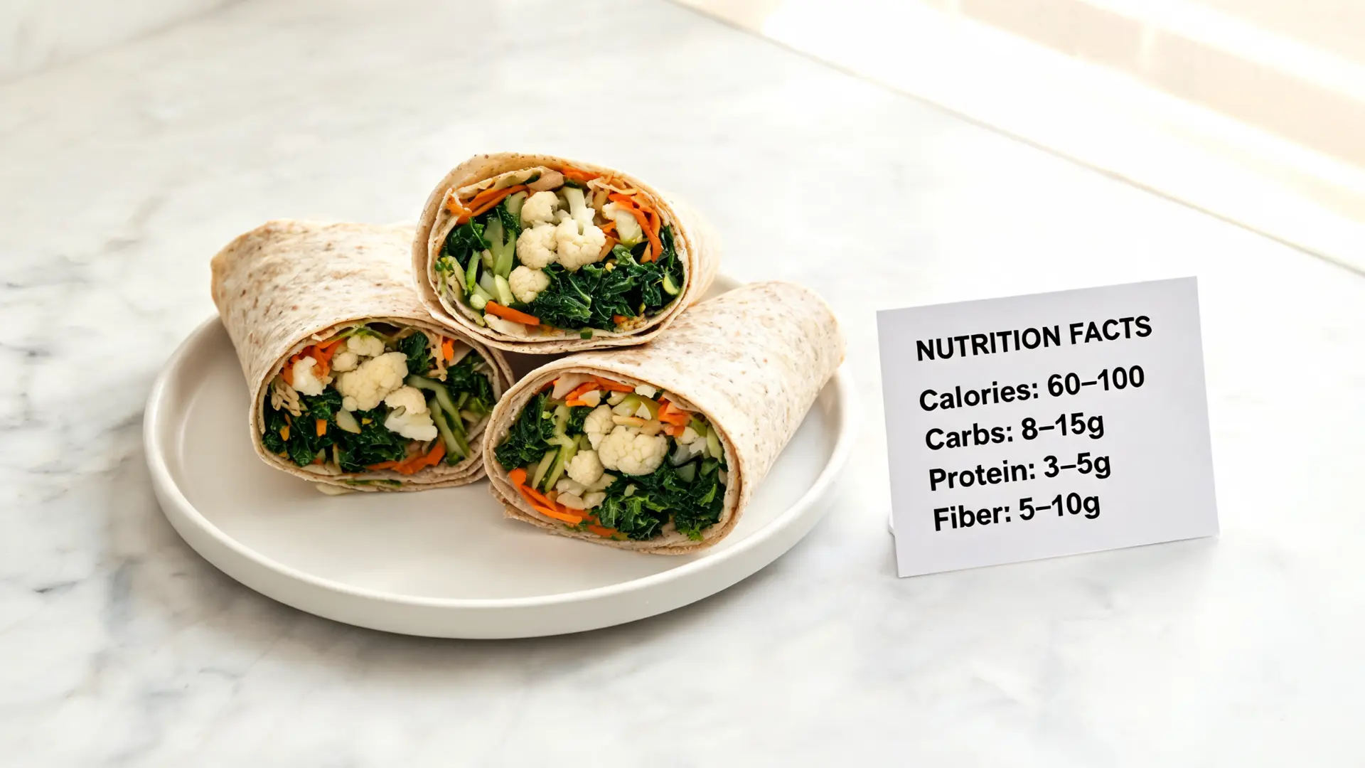 high fiber vegetable wraps made with cauliflower and kale showing calories carbs protein and fiber nutrition info